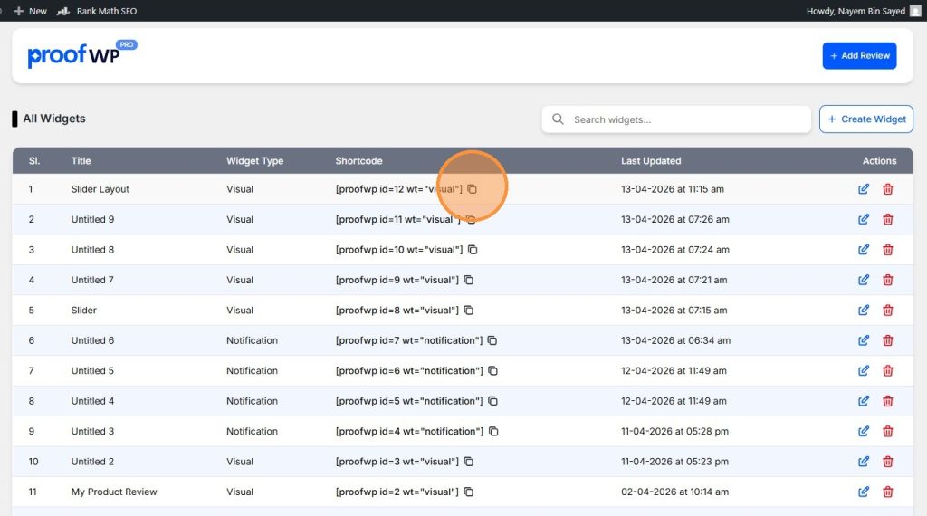 copy shortcode from dashboard
