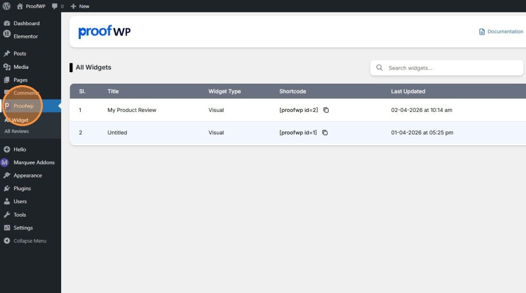 ProofWP dashboard