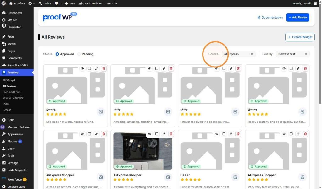 Click the Source dropdown menu at the top right and select AliExpress