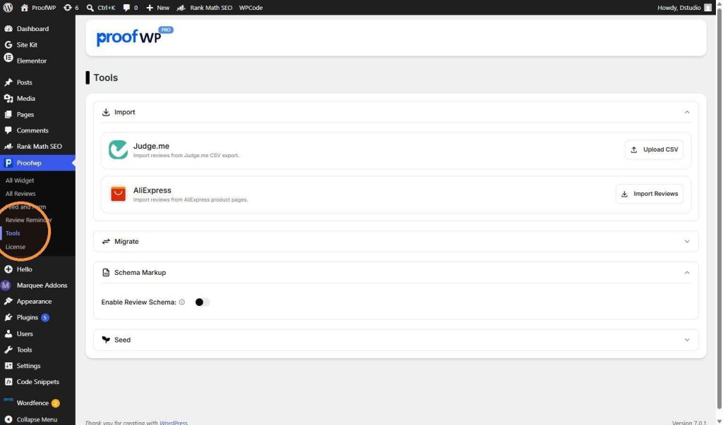 Go to your WordPress menu, click on Proofwp, and then click on Tools.