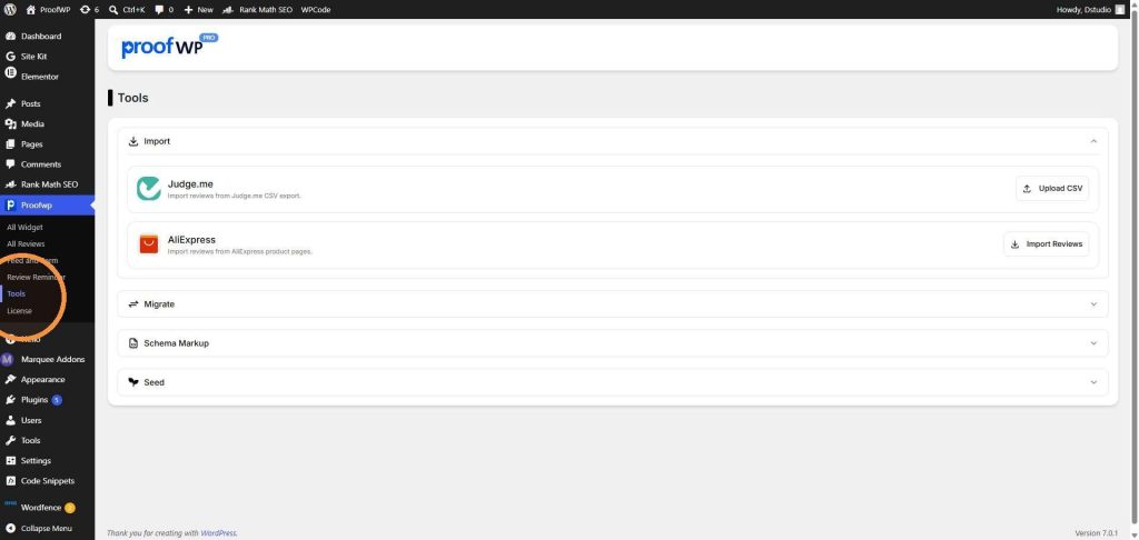 Navigate to Proofwp in your WordPress dashboard and click on Tools